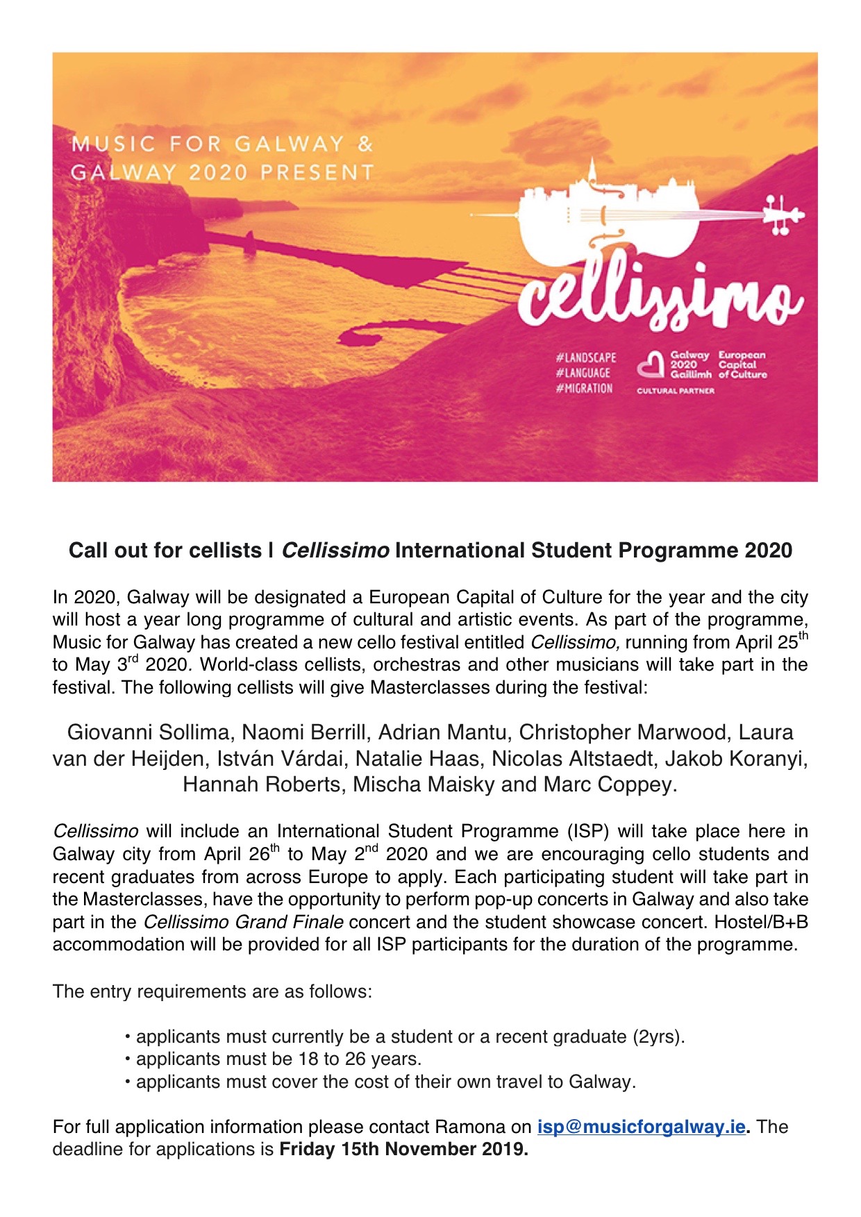 Cellissimo International Student Programme Callout Info - classical music concerts galway