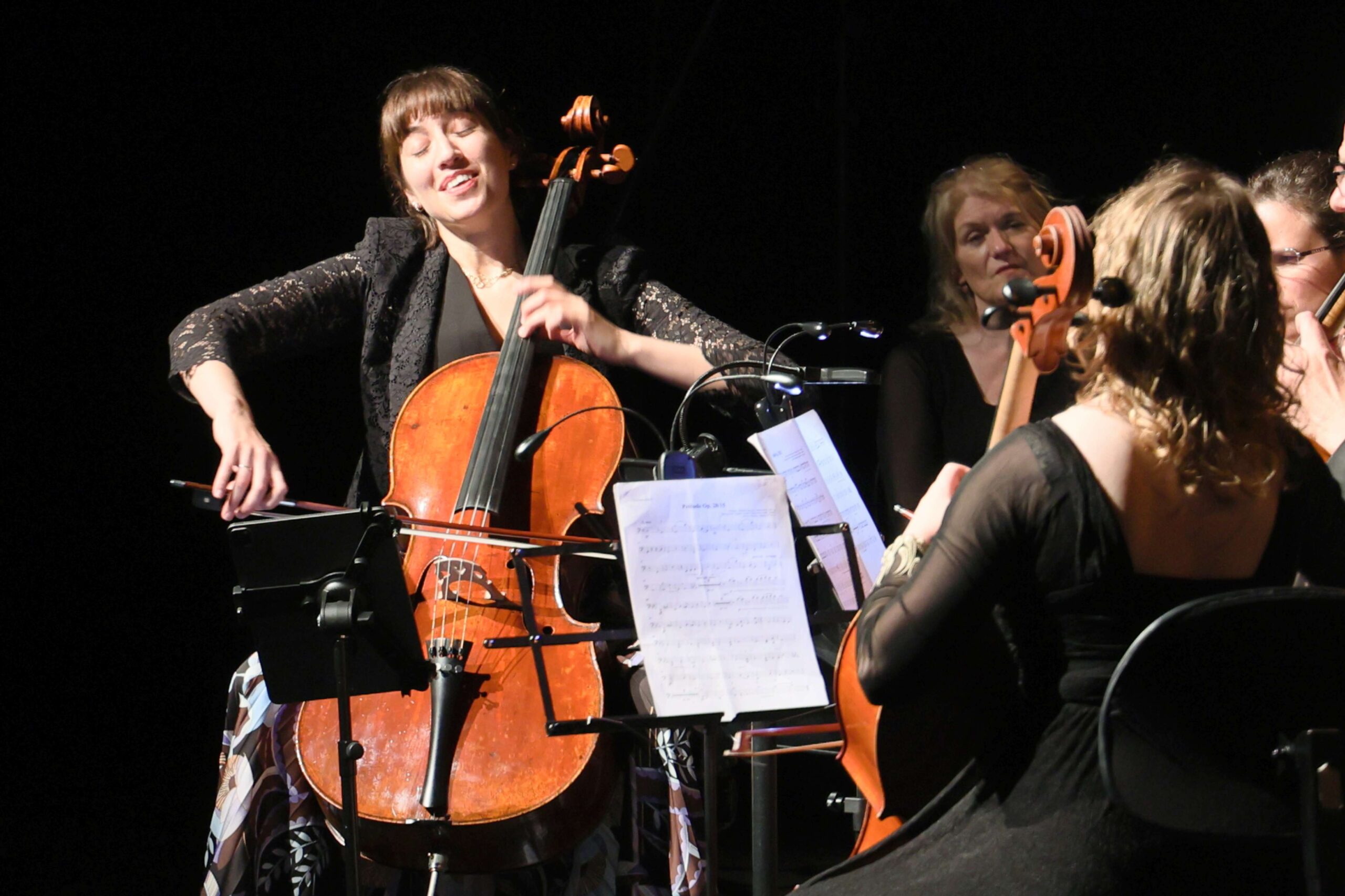 French cellist Camille Thomas preforming at The Story of a Cello featuring Irish Chamber Orchestra with director Katherine Hunka in the Black Box on Sunday night. Photo: Mike Shaughnessy