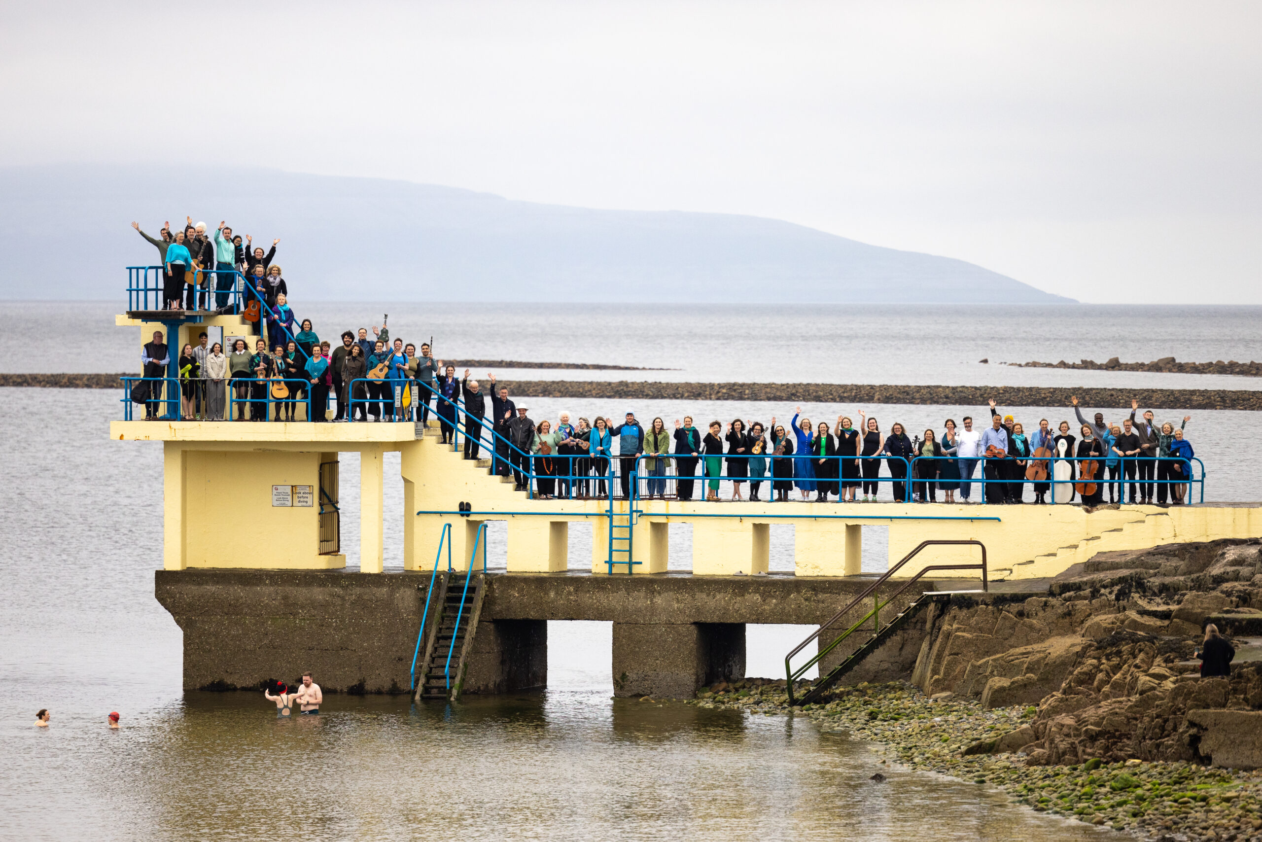 Pictured at the Blackrock Diving Tower on Salthill Promenade were members of Galway Jam Circle, Voice of Galway and Galway Camerata, who gathered to celebrate the opening day of Cellissimo 2024, a brand new international cello festival taking place at venues across Galway city and county until May 26. cellissimo.ie